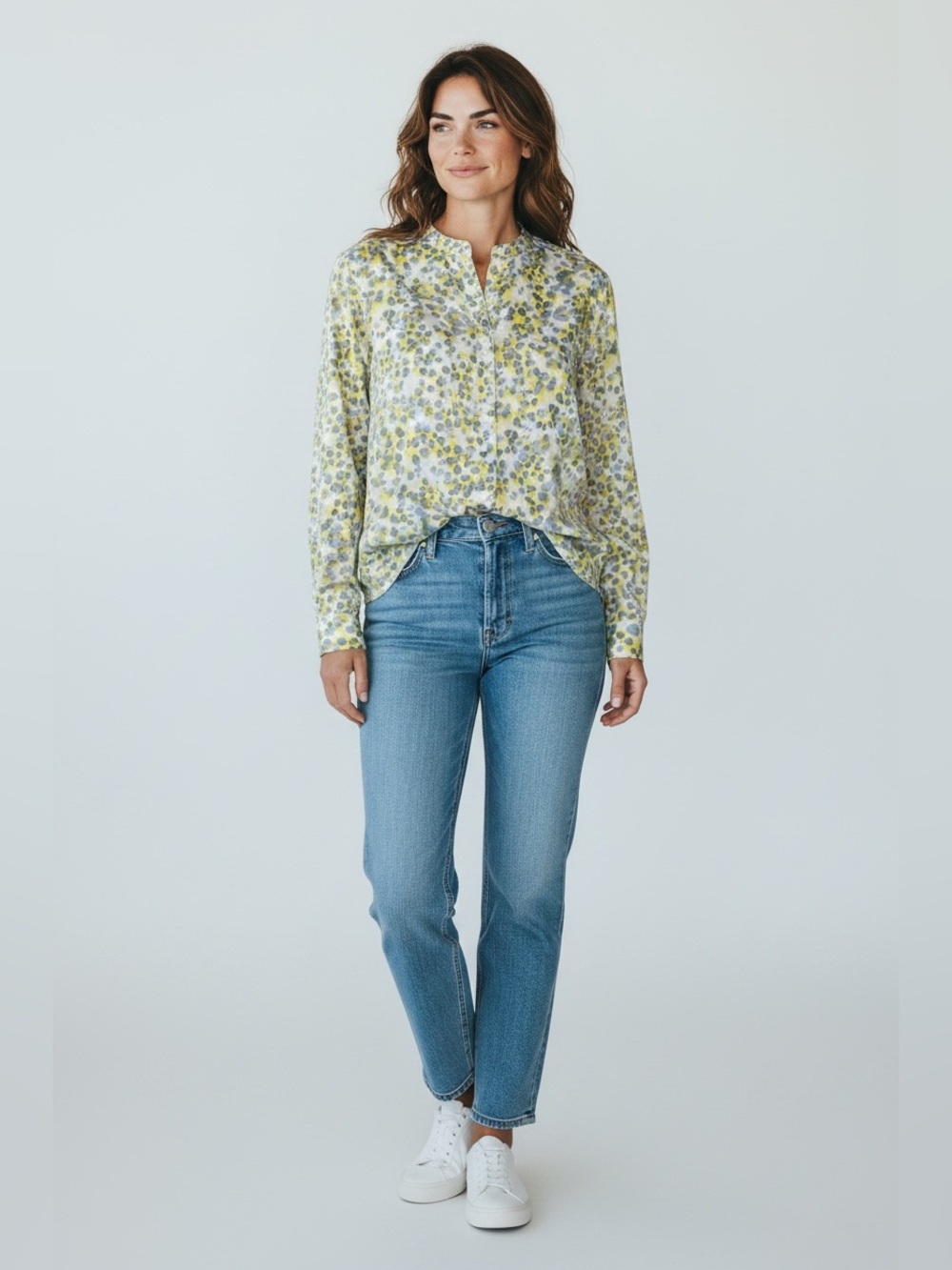 Gap Women’s Size Small Long Sleeve Button Neck Pop Over Shirt Yellow Blue